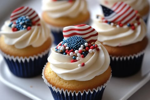 Cupcakes with American flags on top.