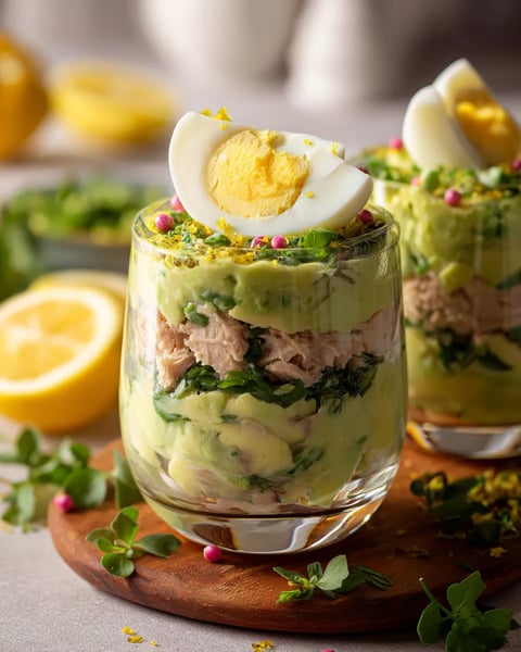 A glass of food with lemon wedges on the side.