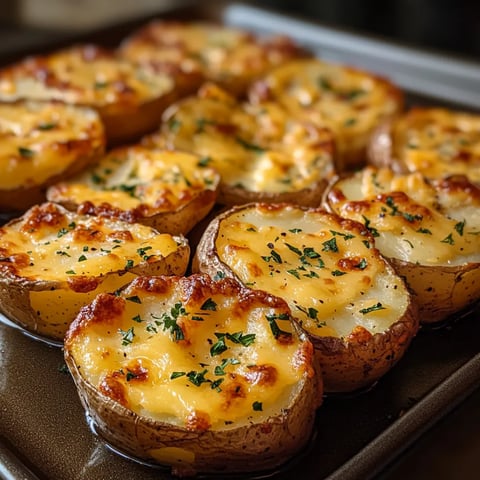 A pan of baked potatoes with cheese.