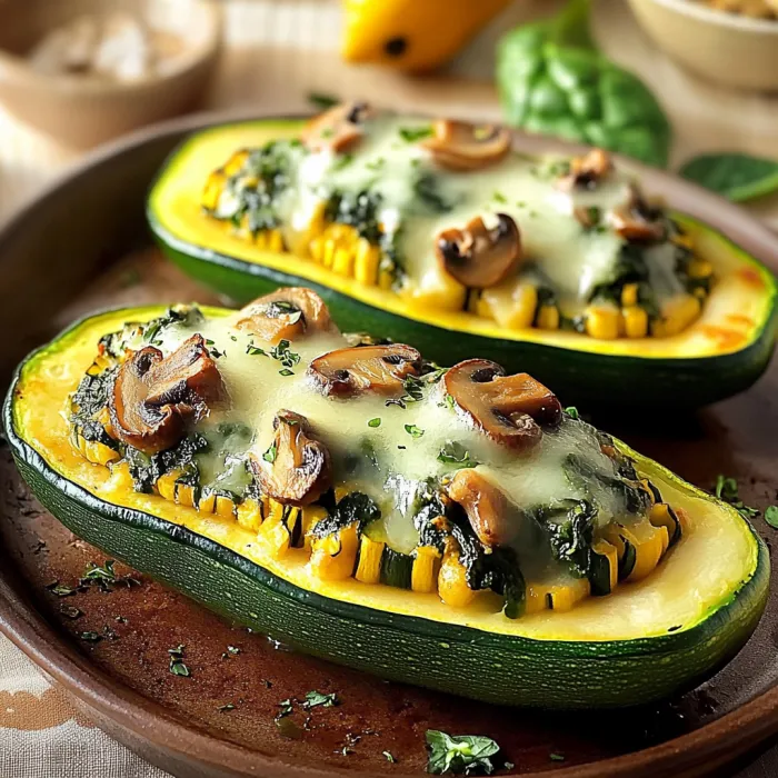 Two zucchini boats filled with mushrooms and cheese.