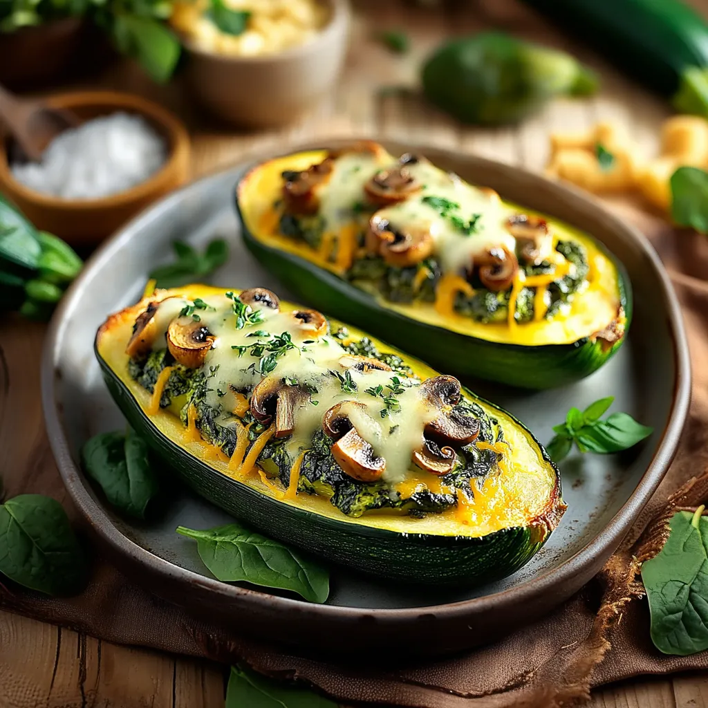 Two zucchini boats with mushrooms and cheese.