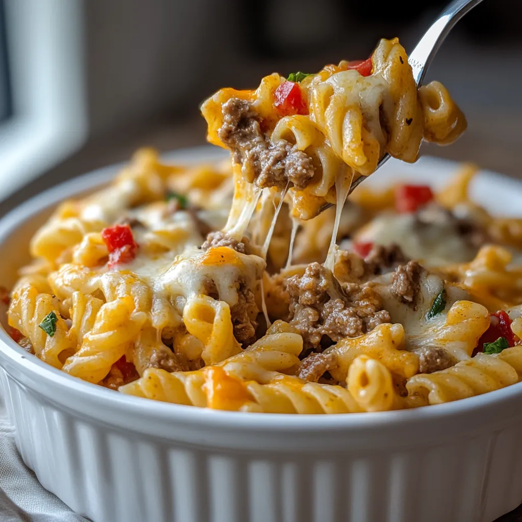 A bowl of pasta with meat and cheese.