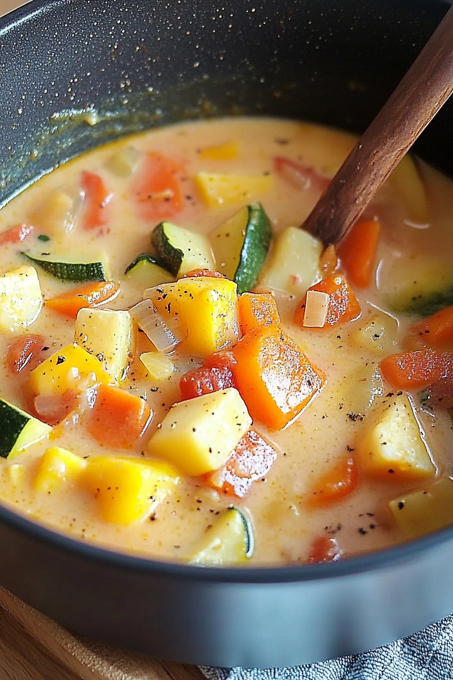 A bowl of soup with vegetables.