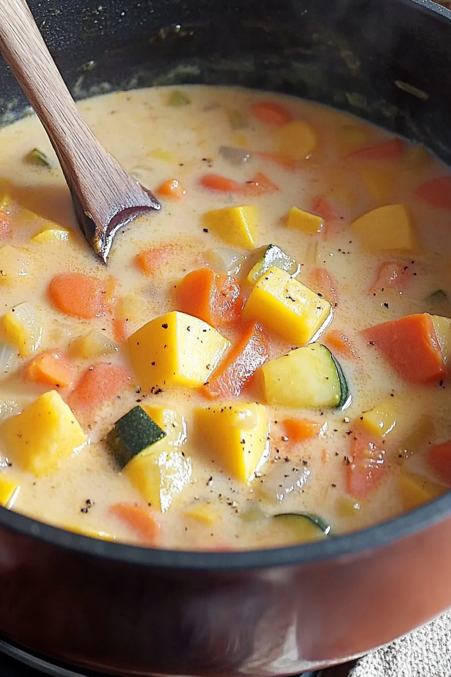 A bowl of soup with a wooden spoon in it.