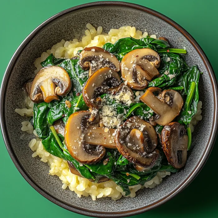 A bowl of food with mushrooms and spinach.