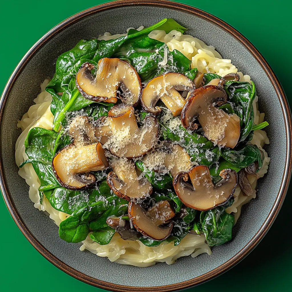 A bowl of pasta with mushrooms and spinach.