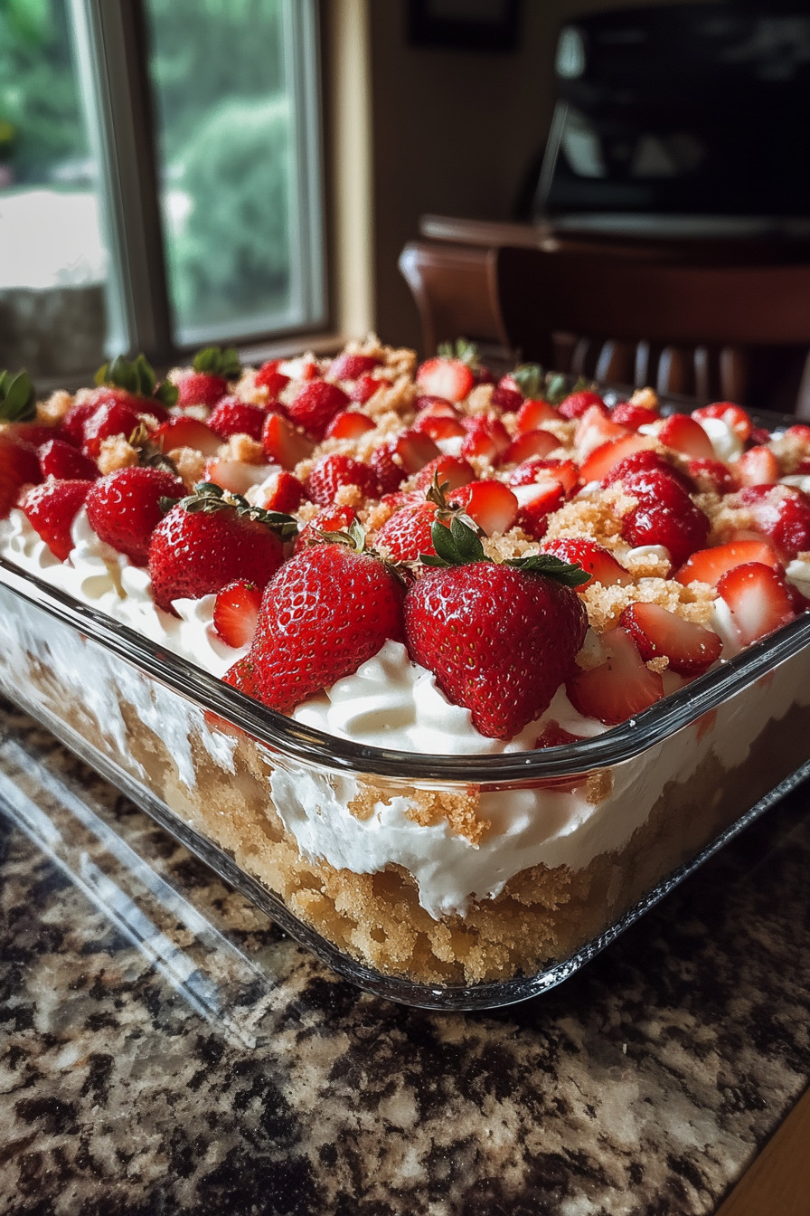 A large glass dish filled with strawberries and whipped cream.