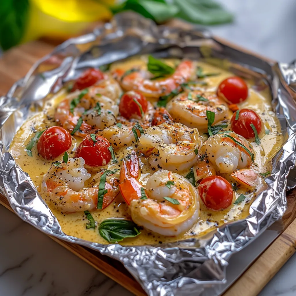 A pan of shrimp and tomatoes.