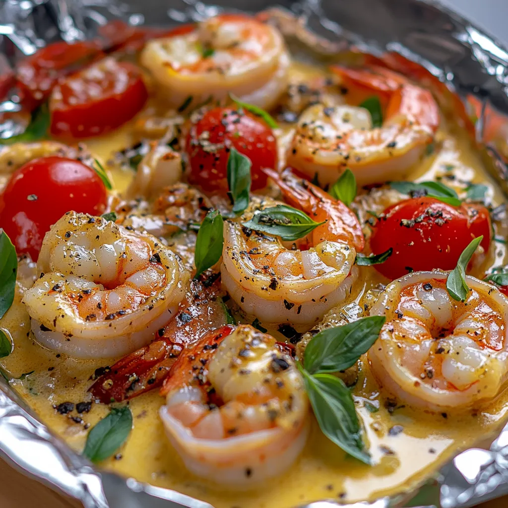 A silver tray with shrimp and tomatoes.