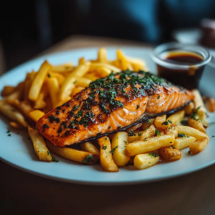 A plate of food with fries and fish.