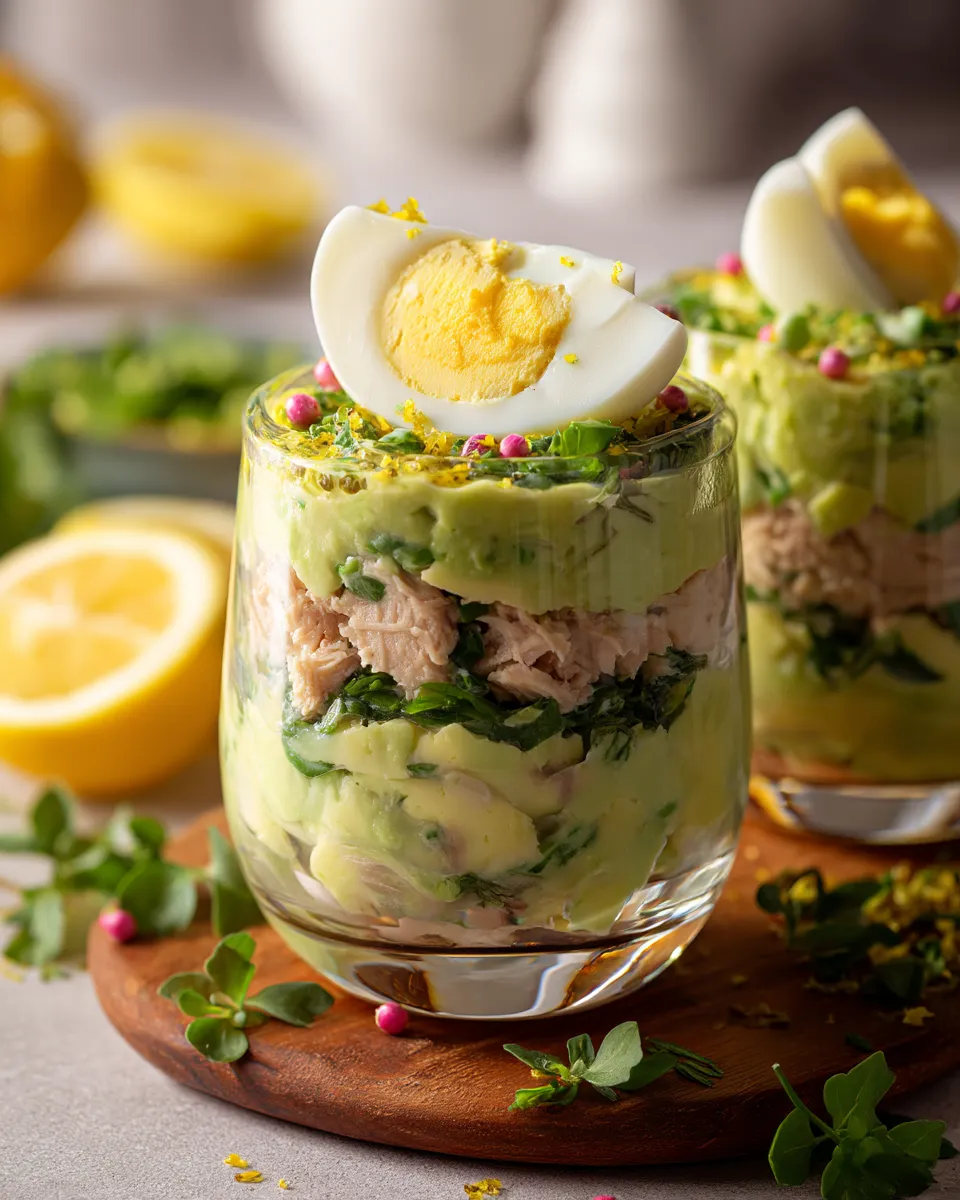 A glass of food with lemon wedges on the side.