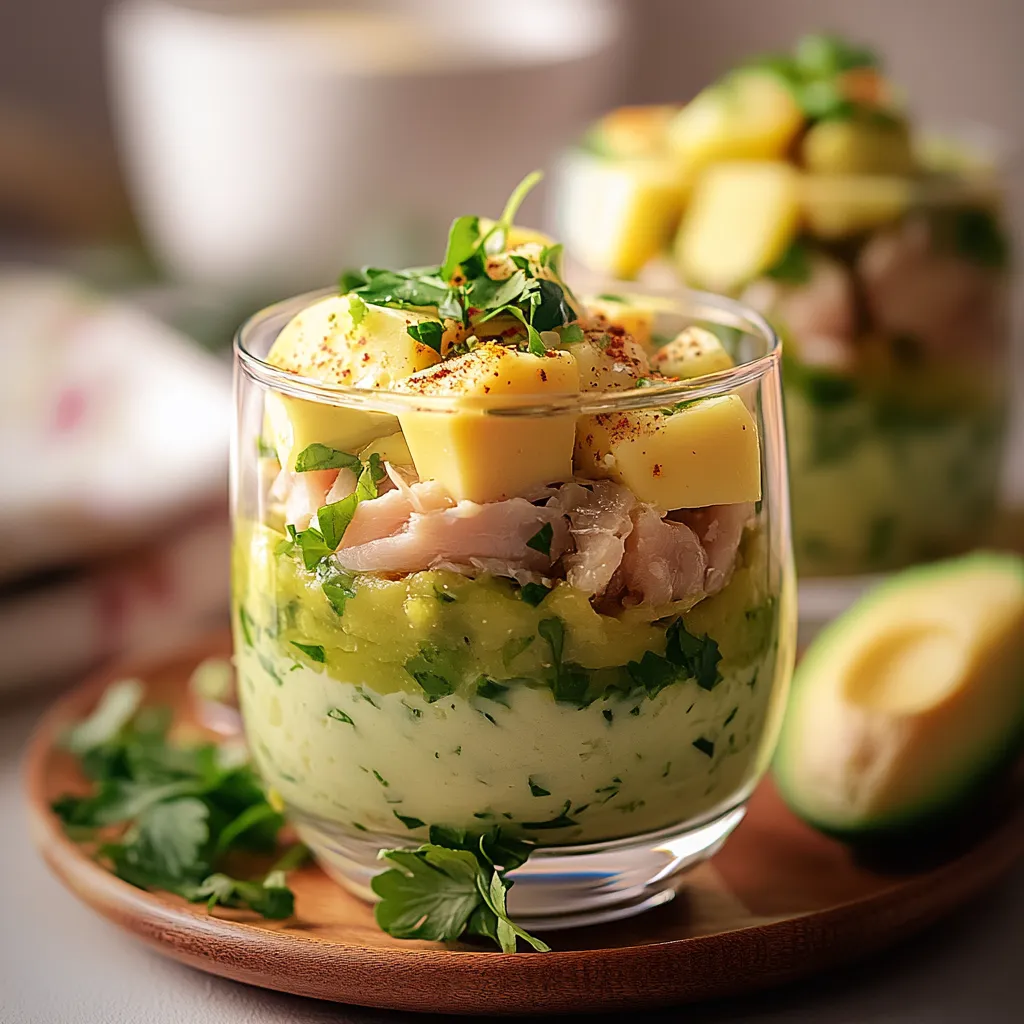 A glass of food with avocado and other ingredients.