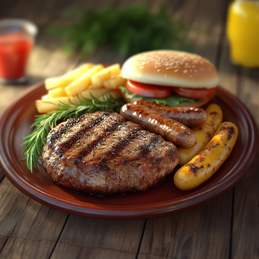 A plate of food with a hamburger, fries, and a drink.