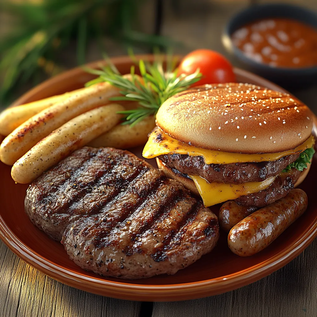 A plate of food with a hamburger, hot dog, and fries.