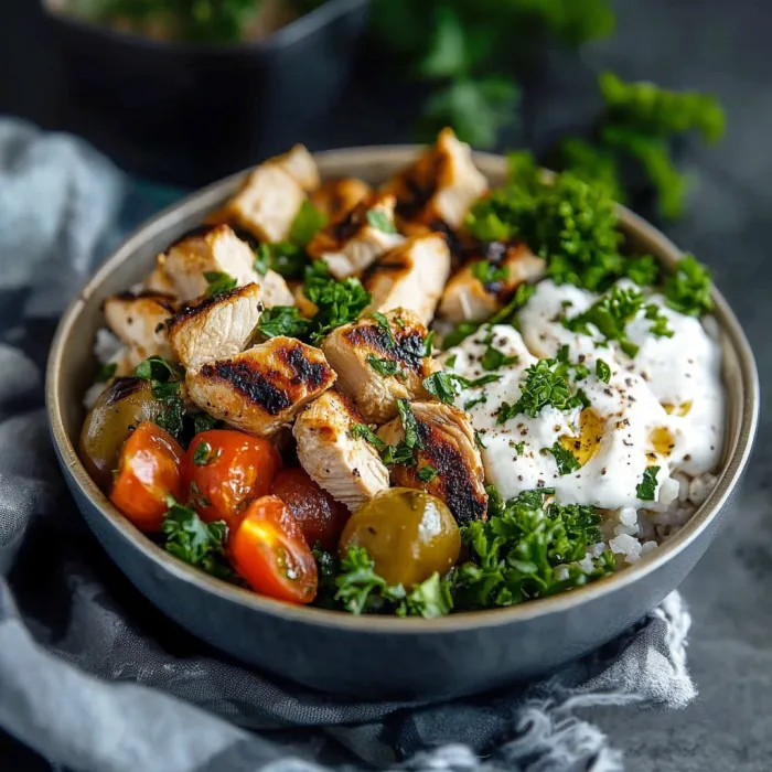 A bowl of food with chicken, tomatoes, and broccoli.