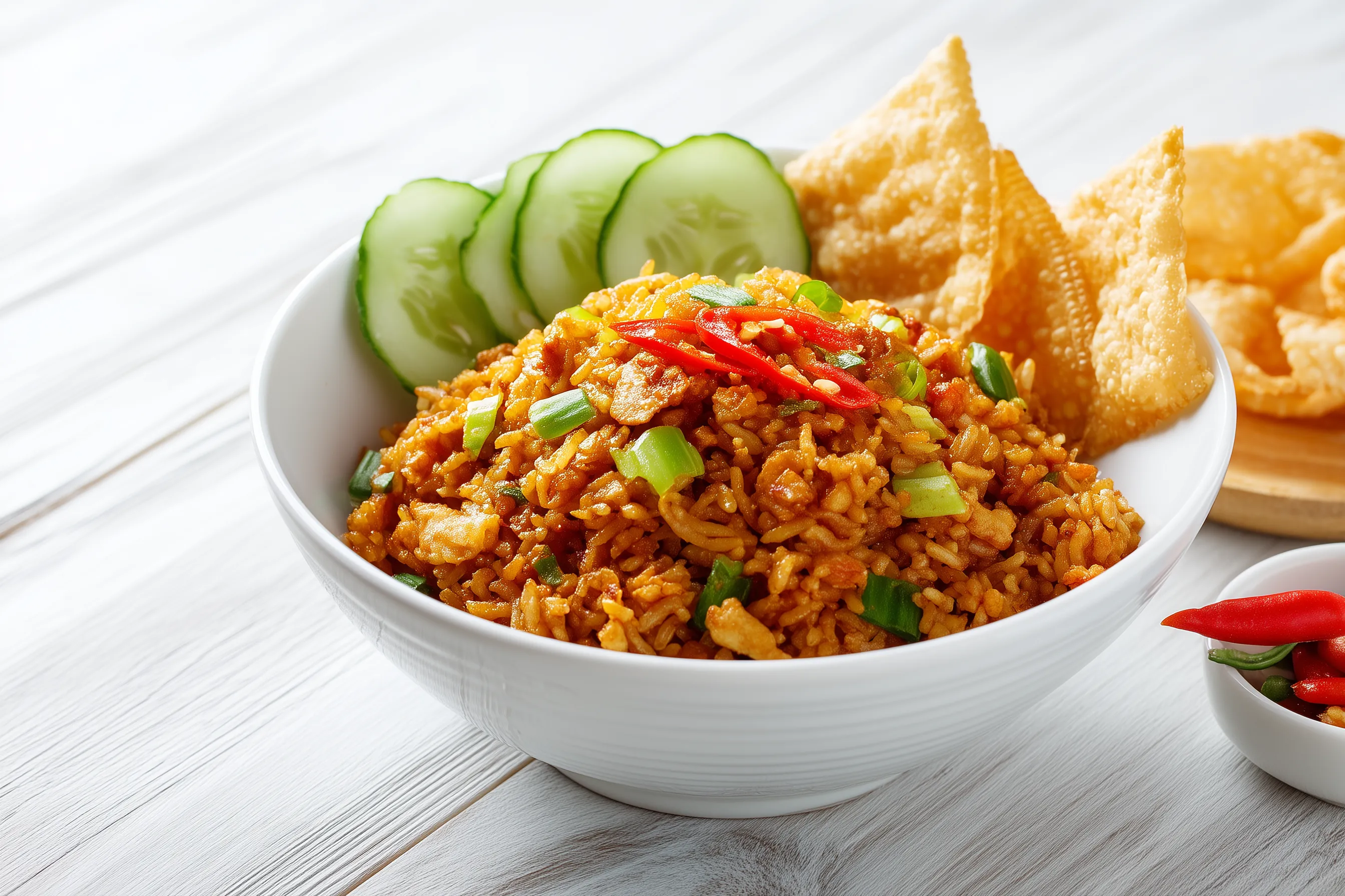 A bowl of rice with vegetables and a slice of cucumber.