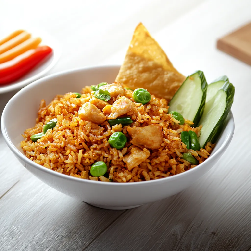 A bowl of rice with chicken and vegetables.