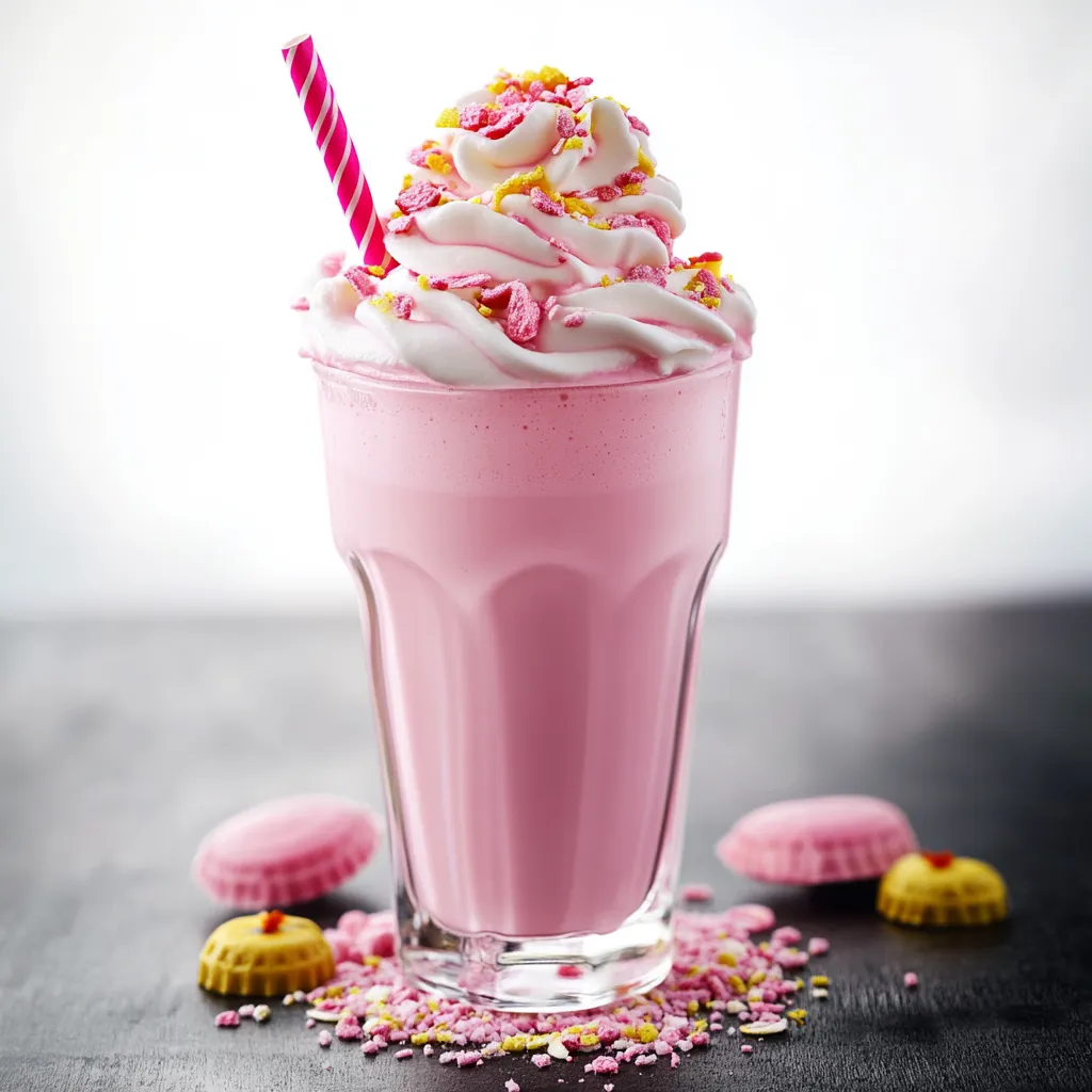 A glass of pink milk with a straw.
