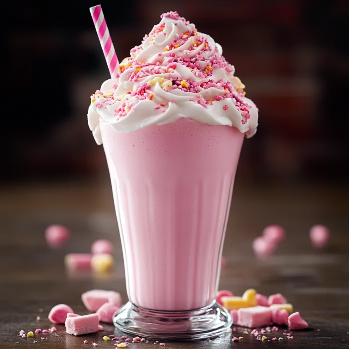 A glass of pink milk with a straw in it.