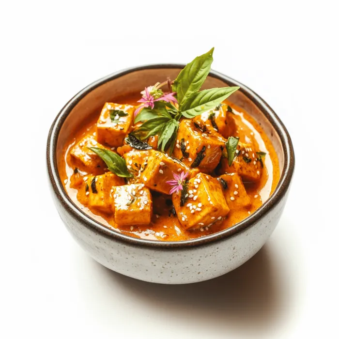 A bowl of food with a green leaf on top.