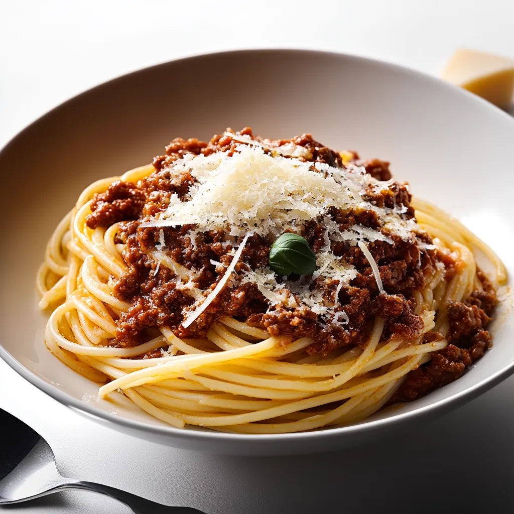 A bowl of spaghetti with meat sauce.