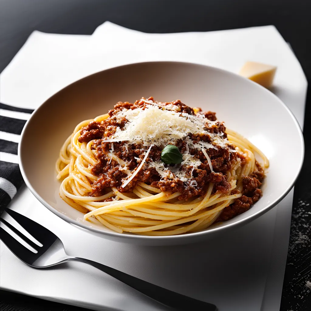 A bowl of spaghetti with meat sauce.