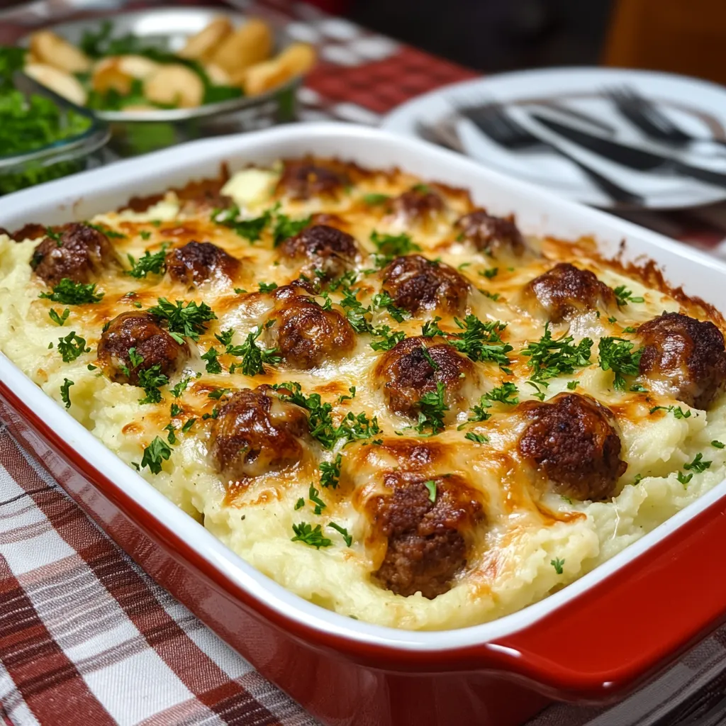 A white bowl of food with meatballs and potatoes.