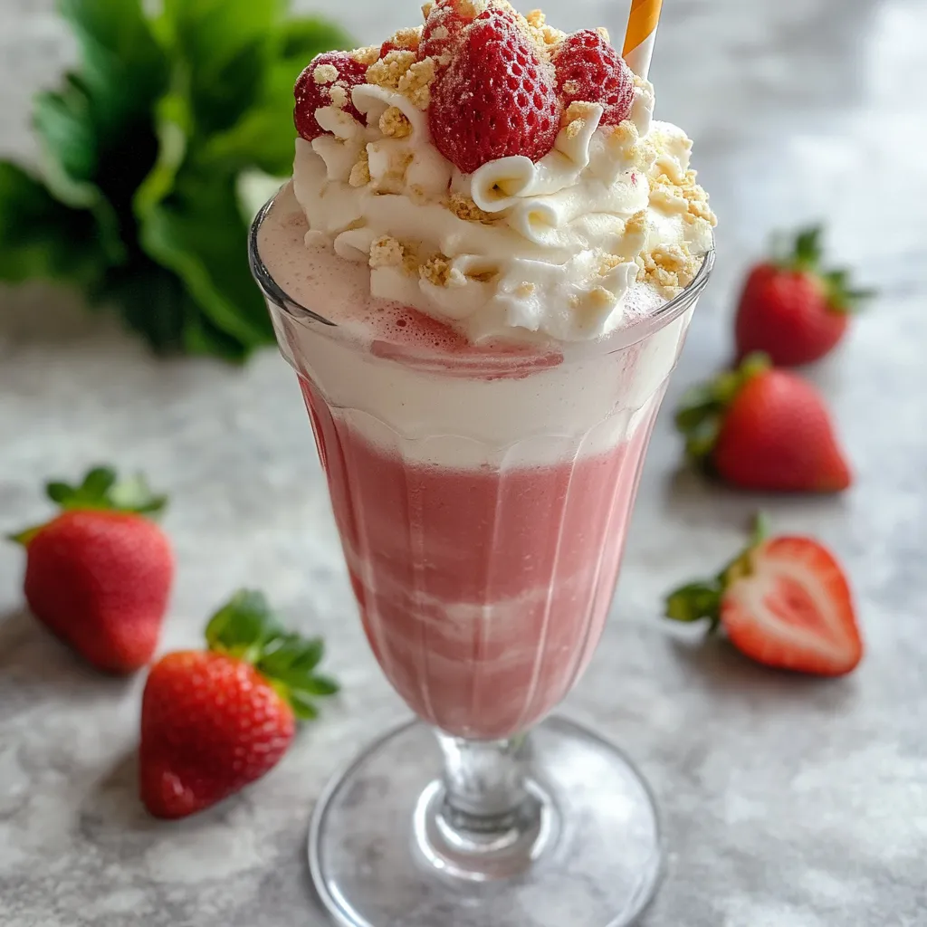 A glass of strawberry milk with a strawberry on top.