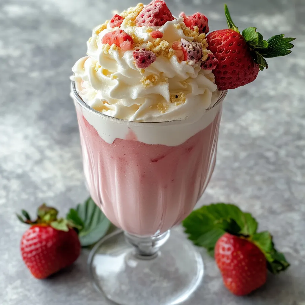 A glass of pink milk with strawberries on top.