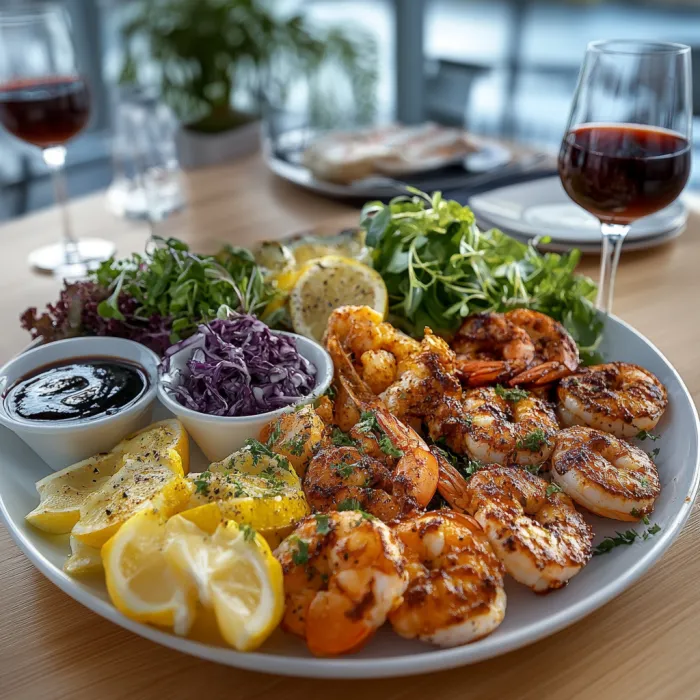 A plate of food with shrimp, lemon, and other vegetables.