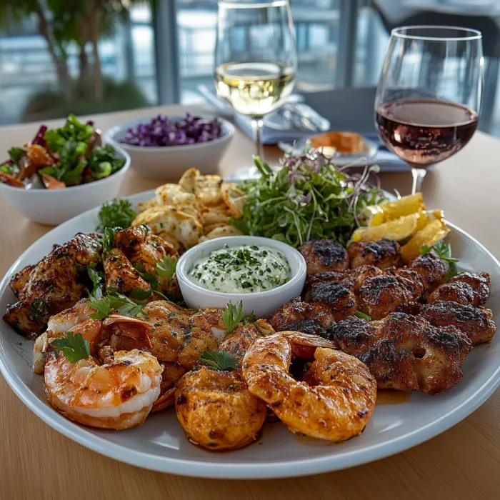 A plate of food with a glass of wine.
