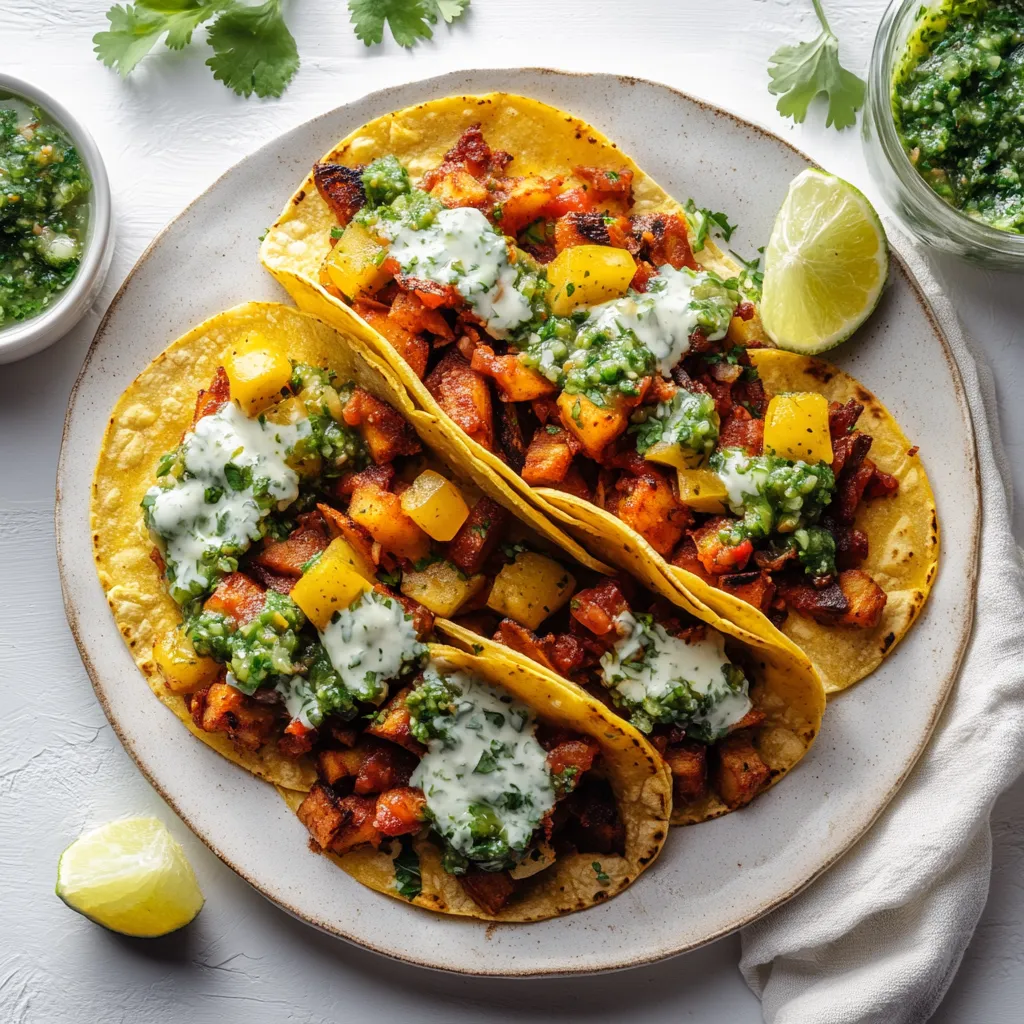 Two tacos with white sauce and green toppings.