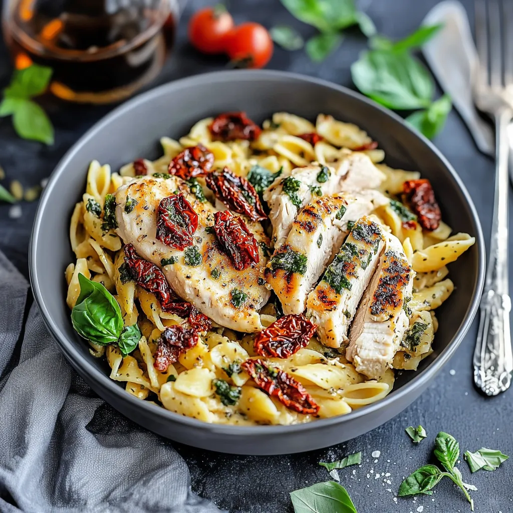 A bowl of pasta with chicken and tomatoes.