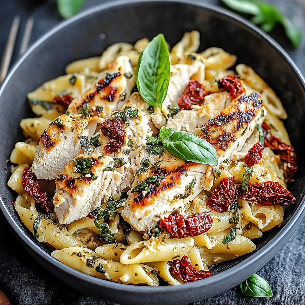 A bowl of pasta with chicken and spinach.