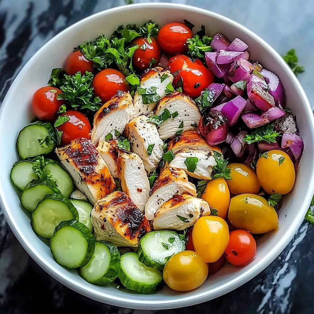 A bowl of food with chicken, tomatoes, onions, and cucumbers.