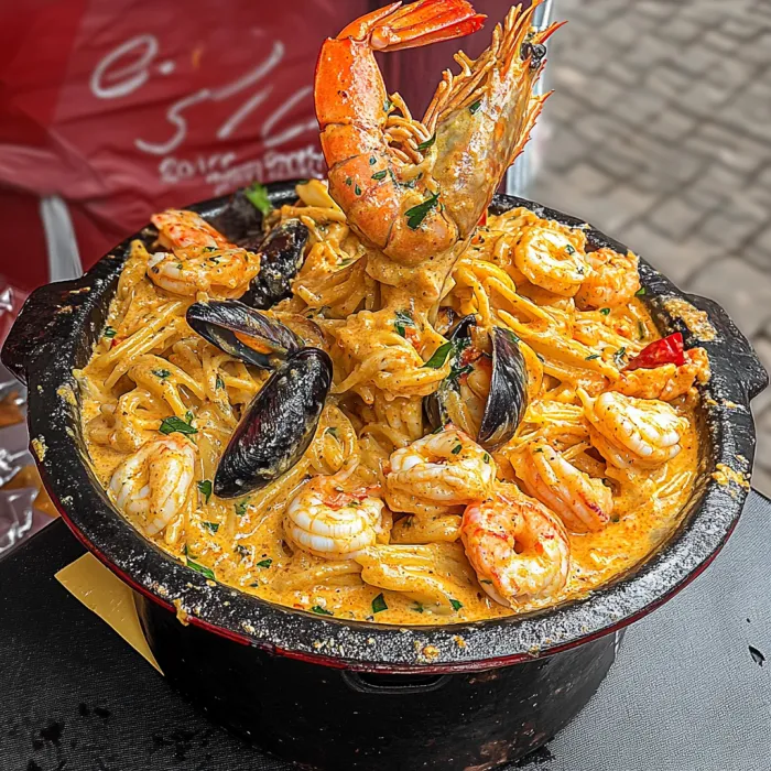 A bowl of shrimp and lobster with a crab claw on top.
