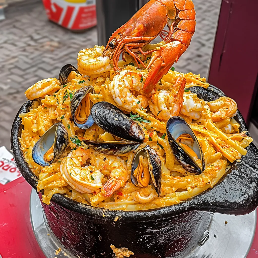 A bowl of shrimp and lobster with a crab claw on top.