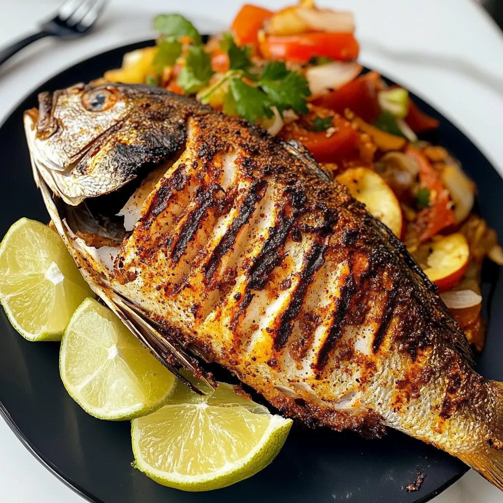A plate of food with a fish on it.