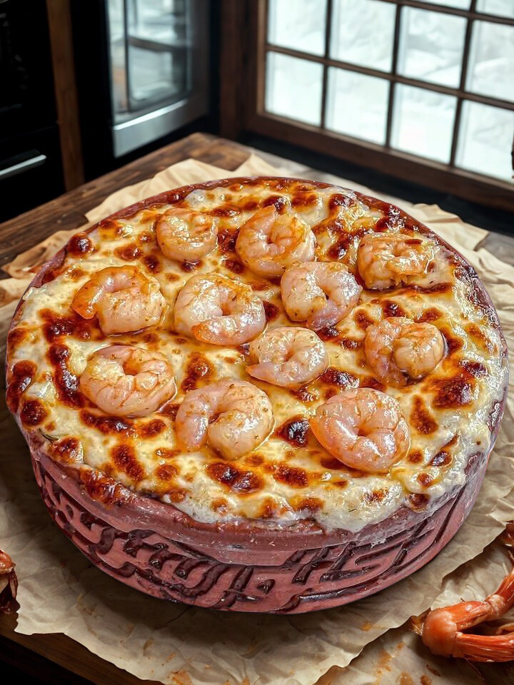 A pizza with shrimp on top.