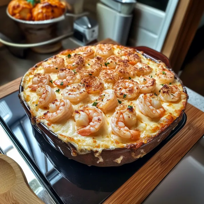 A dish of shrimp and cheese.