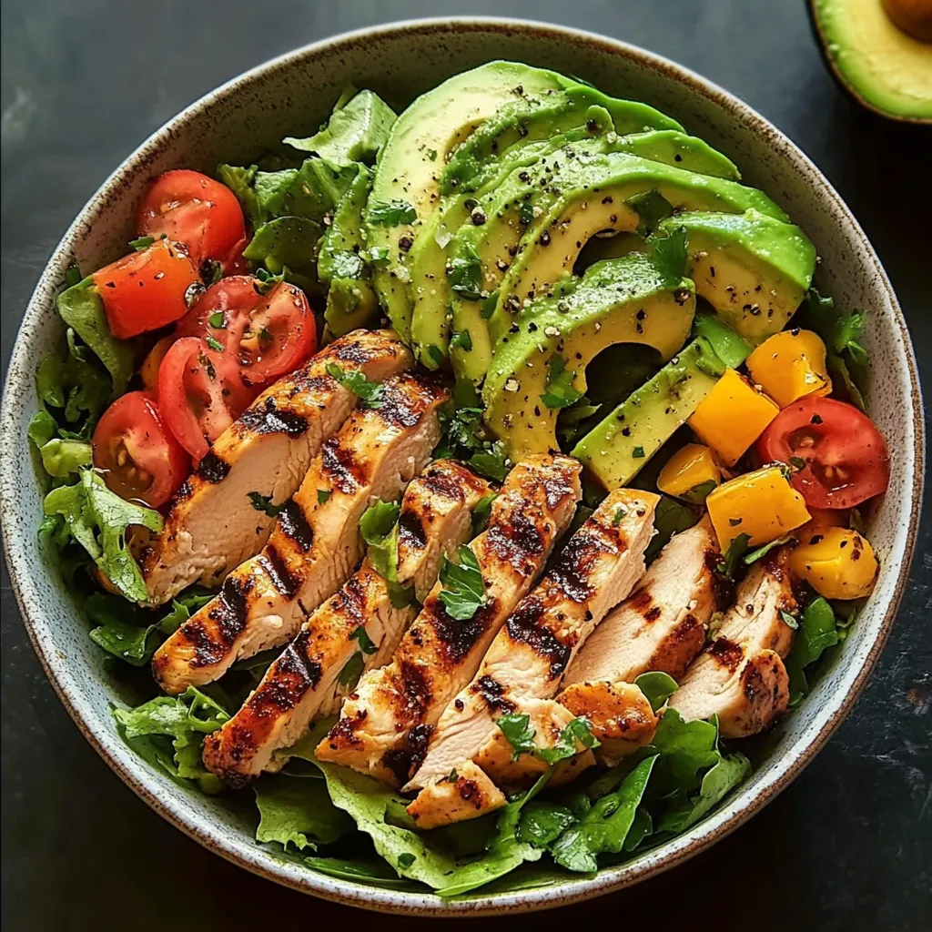A bowl of food with chicken, avocado, tomatoes, and lettuce.