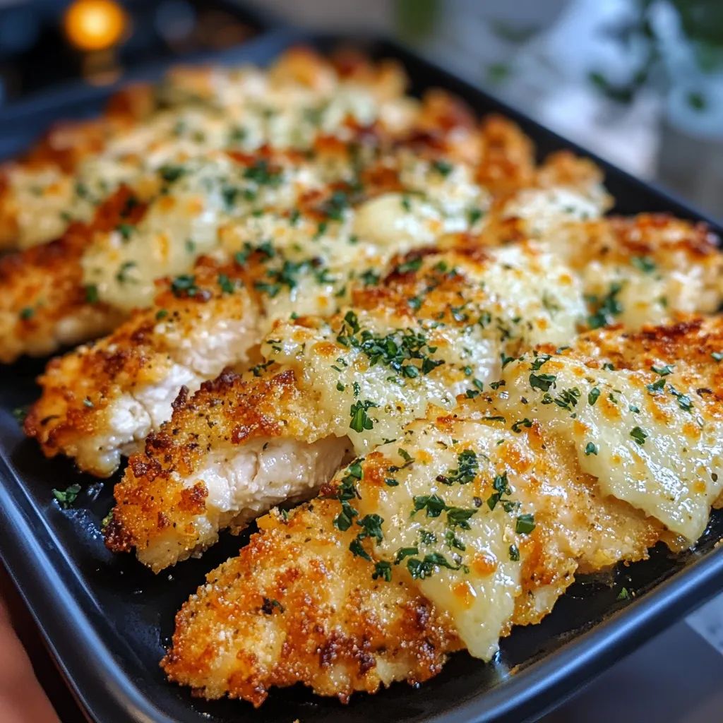 A tray of breaded chicken with cheese and herbs.