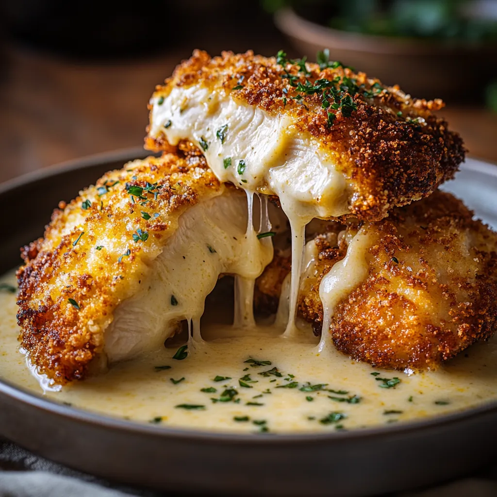 A plate of chicken with cheese on top.