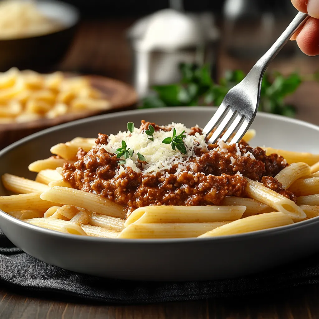 A fork is being used to eat spaghetti with meat sauce.