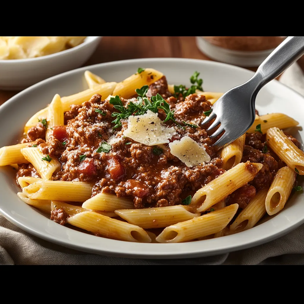 A fork is stuck in a plate of pasta.