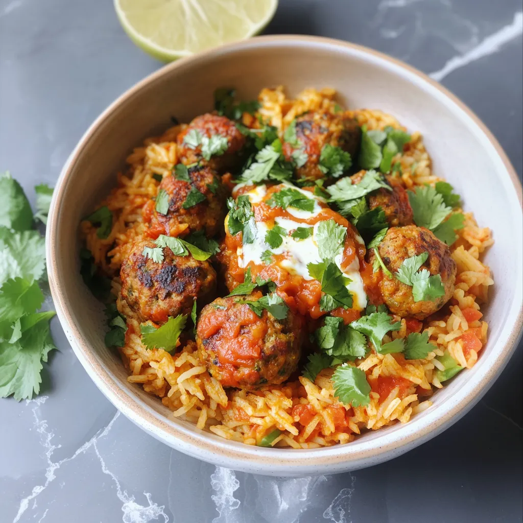 A bowl of rice with meatballs and sauce.