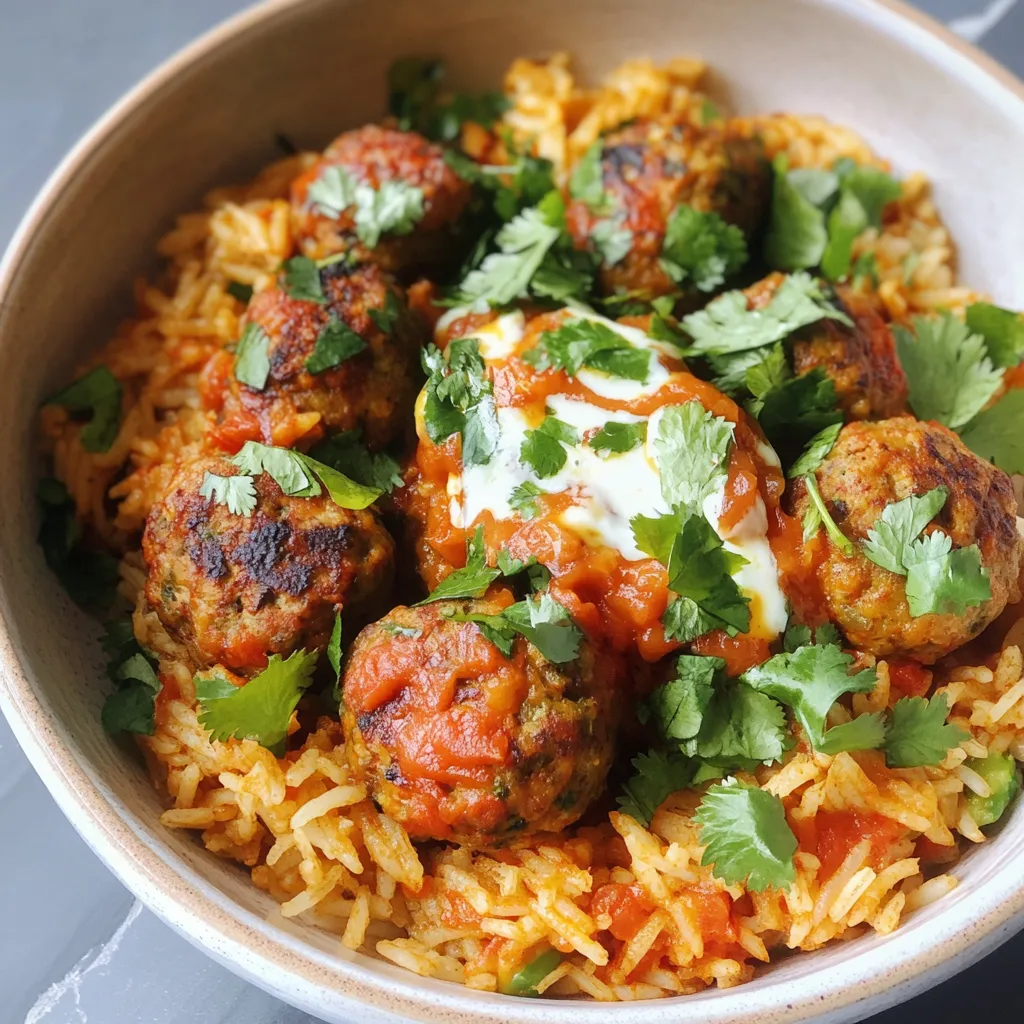A bowl of rice with meatballs and sauce.