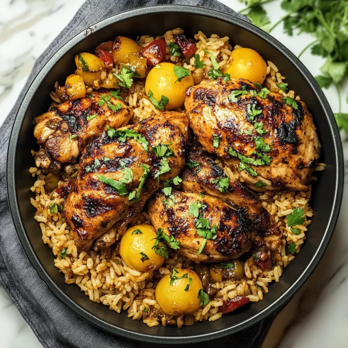 A bowl of rice with chicken and vegetables.