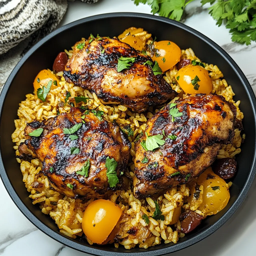 A bowl of rice with chicken and tomatoes.