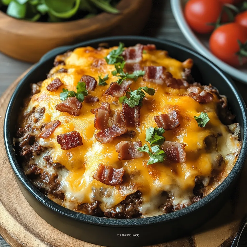 A bowl of food with bacon and cheese.